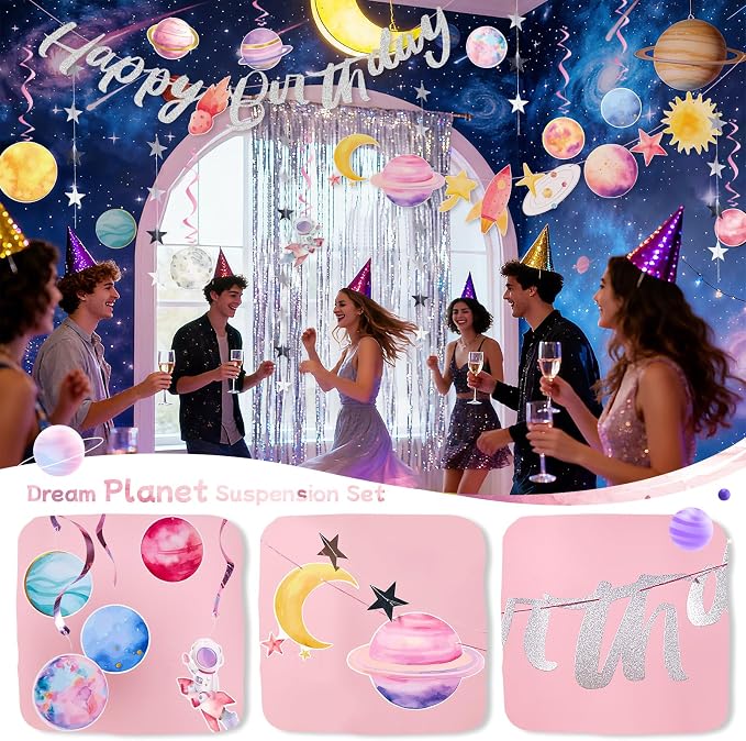 Pre-strung Space Party Decorations for Girls, Pink Space Themed Party, Pastel Outer Space Party Decorations, with 2 Banners, Solar System Planet Swirl Streamers, Hanging Dazzling Star Garlands for Kids, Girls