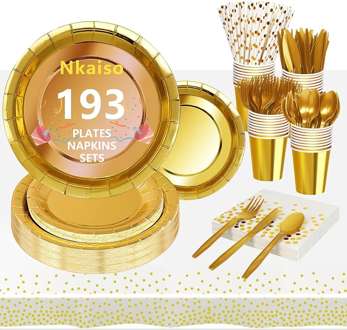 Nkaiso 193 Pcs Golden Paper Plates and Napkins Party Supplies Sets Include Gold Party Plate Cup Napkin Plastic Cutlery for Baby Shower, Wedding, Birthday Decoration -24 Guest