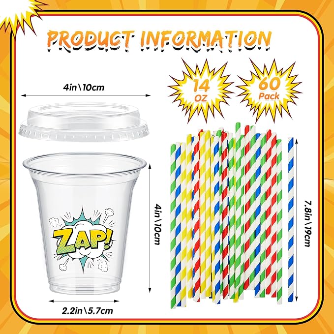 Qinyoung 60 Sets Hero Party Cups with Lids and Paper Straws 14 oz Hero Birthday Party Supplies Favor Disposable Clear Plastic Cups Bulk