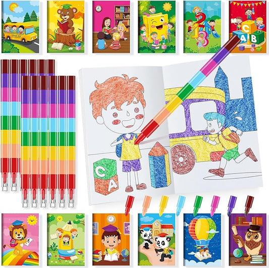 BenLouis 24 Preschool Kindergarten Mini Coloring Books Kids with 24 Stacking Crayons Graduation Party Favors Activity Books Bulk for Kids Birthday Return Goodie Bag Gift Stuffer Classroom Reward
