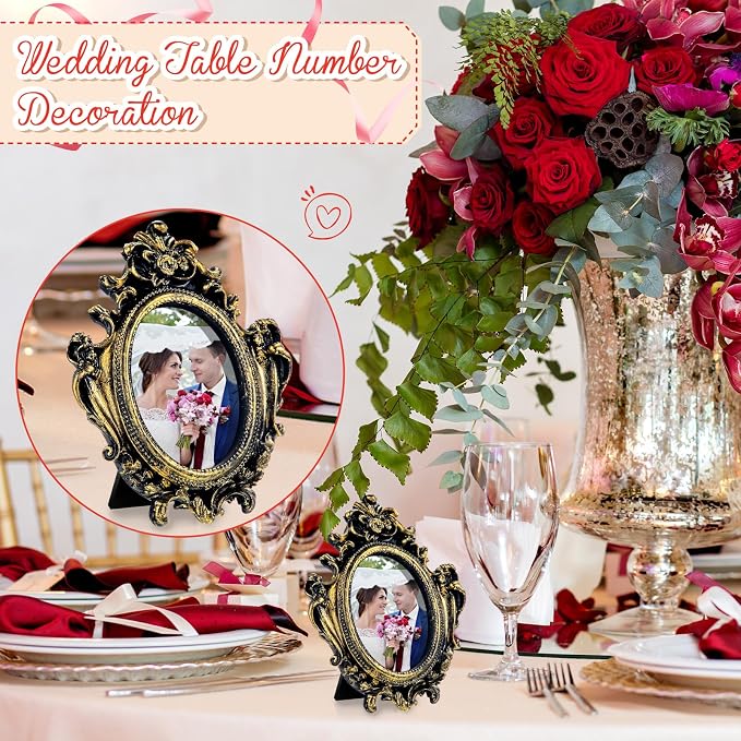 Maitys 20 Pcs Mini Picture Vintage Frames with Stands Tiny Antique Photo Baroque Ornate Resin Oval Frame Table Top Display Home Wedding Decor (Black Gold)