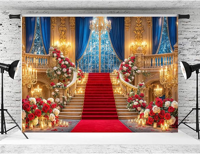 5 x 3 ft Palace Backdrop for Photography, Floral Rose Golden Vintage European Castle Hall Photo Background Luxurious Hotel Chandelier Ballroom Backdrop Wedding Birthday Party Video Party Decorations