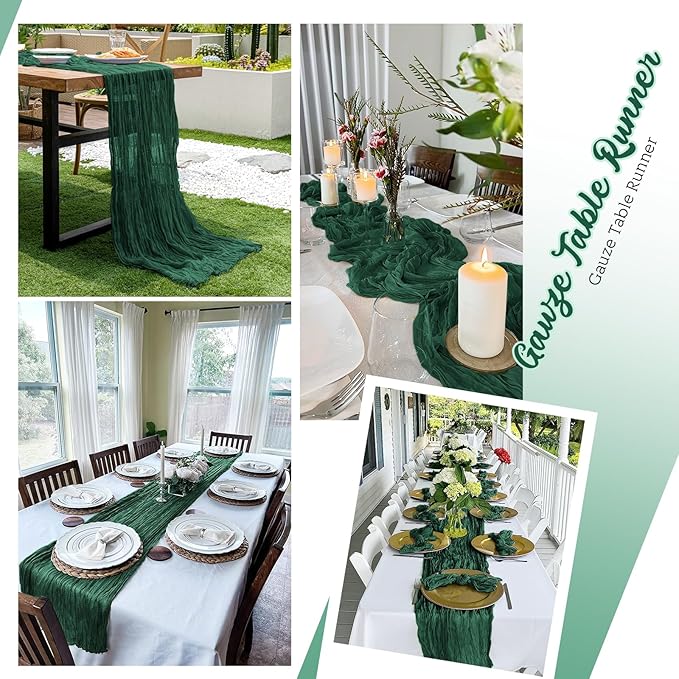 8 Pack Emerald Green Cheesecloth Table Runners 20x120 Inch Gauze Table Runner Cheese Cloth 10FT Green Table Runner Rustic Sheer Runner for Wedding Baby Shower Birthday Party Table Decor
