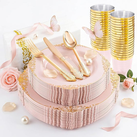 Morejoy 175pcs Pink Plastic Plates - Pink and Gold Disposable Plates sets, Include 25 Dinner Plates,25 Dessert Plates,25 Cutlery Sets,25 Napkins Perfect for Wedding & Party & Holiday & Mother's Day