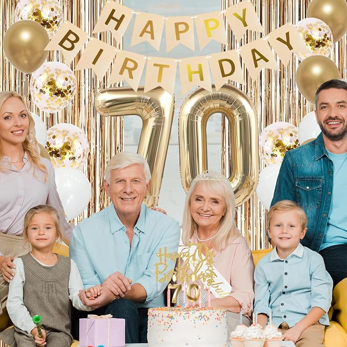 Trgowaul 70th Birthday Decorations for Women, Banner, Sash and Crown, Cake Topper, 70 Number Balloon, Fringe Curtains, Champagne Gold 70th Birthday Party Supplies