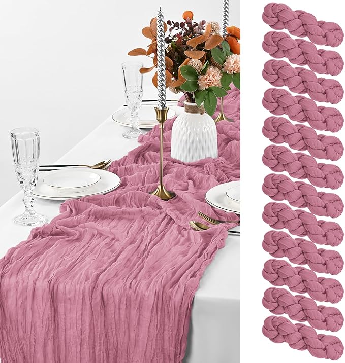 12 Pack Dusty Rose Cheesecloth Table Runner, 10FT Cheesecloth Rustic Boho Table Runner Long Romantic Semi Sheer Table Runner for Wedding Birthday Bridal Shower Party Decorations(21.5×120 Inch)