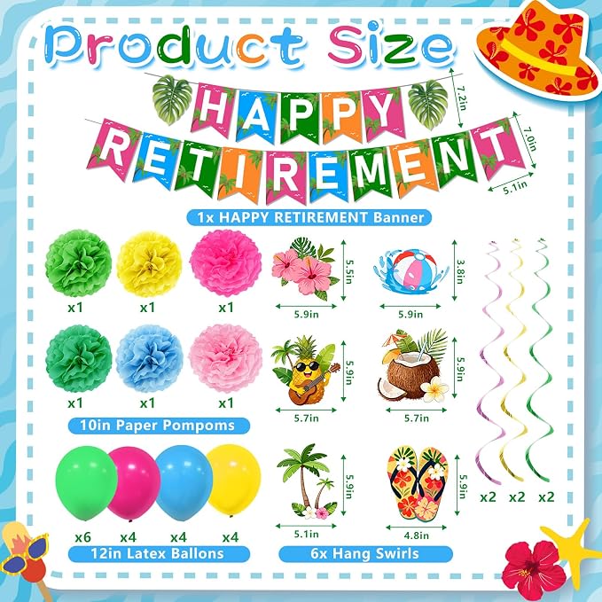 Luau Hawaiian Retirement Party Decorations Tropical Happy Retirement Banner Backdrop with Honeycomb Pom Poms Centerpieces Hanging Swirls Beach Summer Retirement Party Supplies