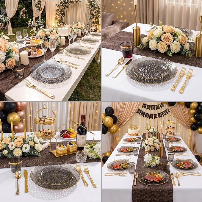 175PCS Black and Gold Plastic Dinnerware Set for 25 Guests, Disposable Plates for Party, Include: 25 Dinner Plates, 25 Dessert Plates, 25 Pre Rolled Napkins with Gold Silverware, 25 Cups
