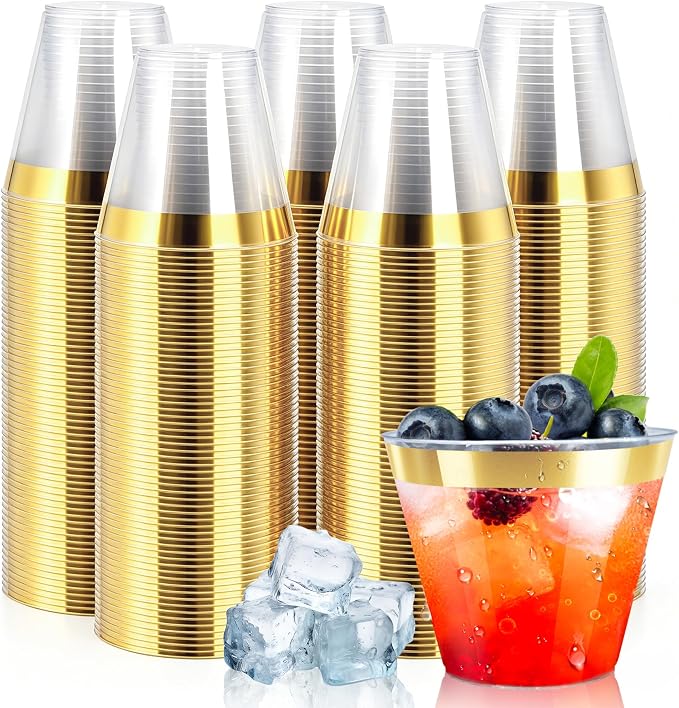 [200 Pack] 9oz Clear Plastic Cups with Gold Rimmed Sturdy & Food Safe Disposable Wine Glasses Party Wedding Cups Disposable Drinking Cups Plastic Cocktail Glasses for Wine, Juice & Cold Beverages