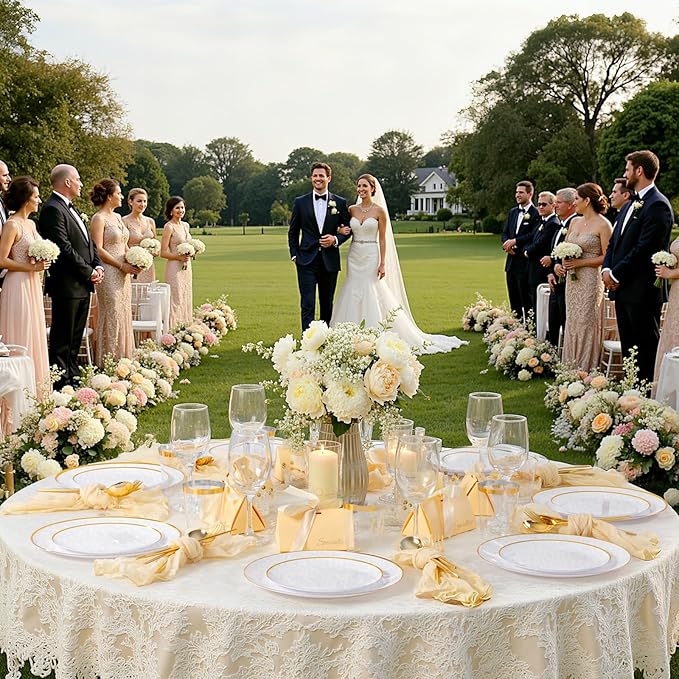 EI 180pcs White and Gold Plastic Plates,Gold Plastic Plates for Party,Fancy Plate Disposable Dinnerware Sets,Gold Disposable Silverware and Cups for Wedding,Baby Shower,Spring Afternoon Tea