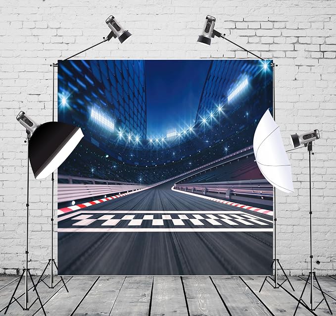 10x10ft Fabric Finish Line Race Track Backdrop Racing Car Racetrack Backdrops for Photography Bleachers Motorsport Racing Sport Party Background Race Birthday Party Decorations Photo Props