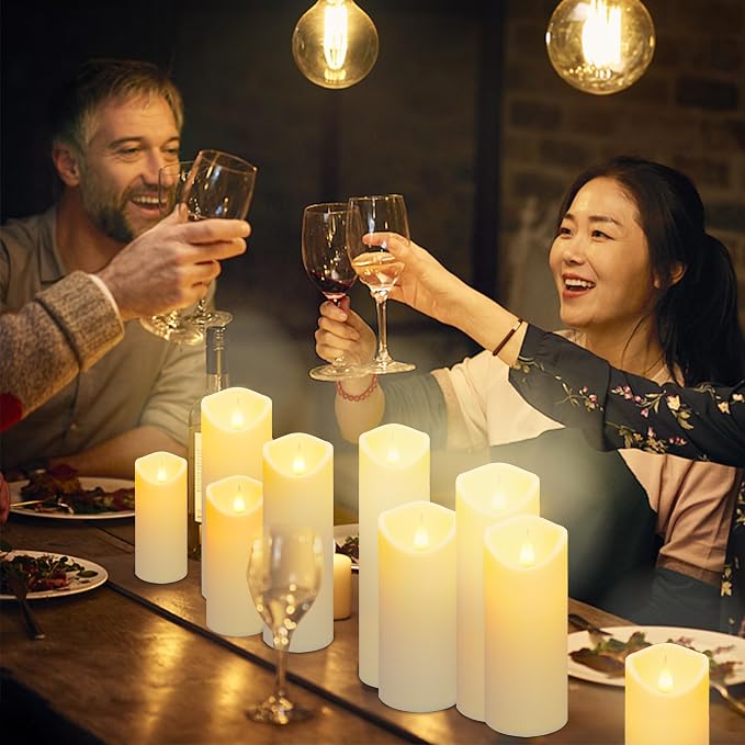 Aignis 9pcs Flameless LED Candles Battery Operated with 10-Key Remote & Timer, Indoor Heat Resistant, 3D Wick with Warm Flickering Glow for Cozy Home/Wedding/Holiday Décor (D 2.2" x H 5"/6"/7")