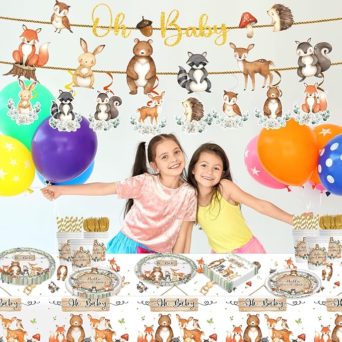 170pcs Woodland Animals Baby Shower Decorations Pack Forest Animal Neutral Gender Reveal Party Supplies Woodland Themed Birthday Party Ideas Set , Tablecloth, Cake Toppers,for 25 Guests