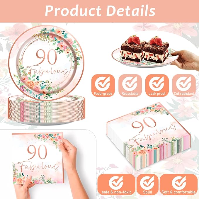 50 Guests 90th Party Decorations Plates Napkins Rose Gold Party Tableware Set Fabulous Party Supplies Women 90th Birthday Floral Paper Plates Napkins 200PCS