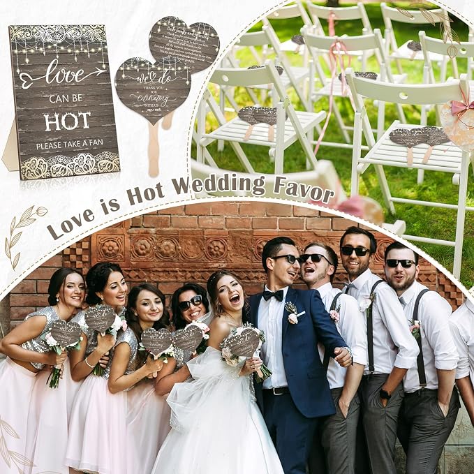 51 Pcs Wedding Fans for Guests Wedding Favor Paper Fans with Handle Bulk Table Sign for Ceremony Bridal Party Decoration(Brown,Rustic)