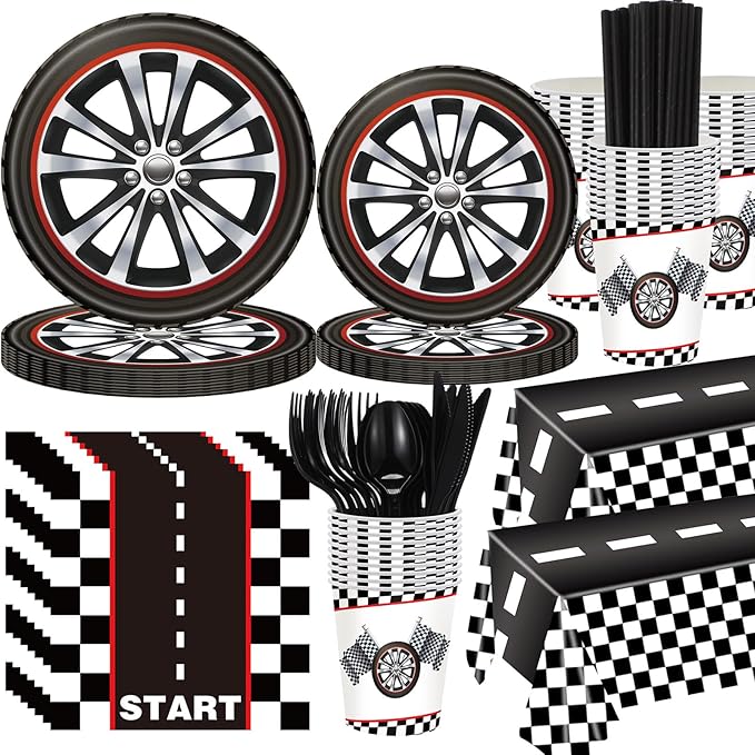 Funnymoom Race Car Birthday Party Decorations Include Car Paper Plates and Napkins Cups Tablecloth Cutlery Straws for Sports Themed Party Supplies, Serves 50
