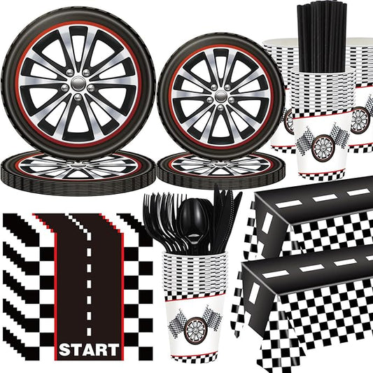 Funnymoom Race Car Birthday Party Decorations Include Car Paper Plates and Napkins Cups Tablecloth Cutlery Straws for Sports Themed Party Supplies, Serves 50