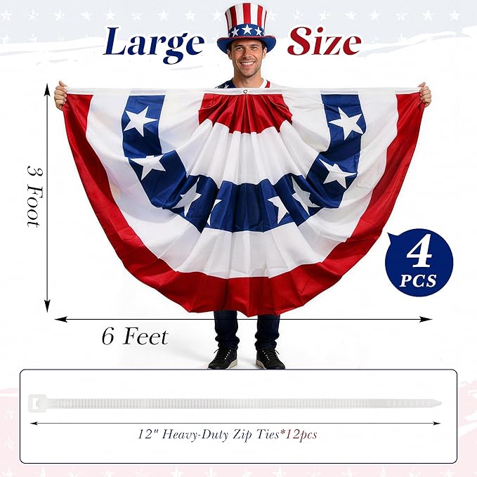 HOOSUN 4 Pack American Flag Bunting for Outside,Patriotic 4th of July Decorations,3x6 FT Patriotic Bunting Flags Memorial Day Decor,Red White and Blue Pleated Fan Flag,American Flags Banners for Porch