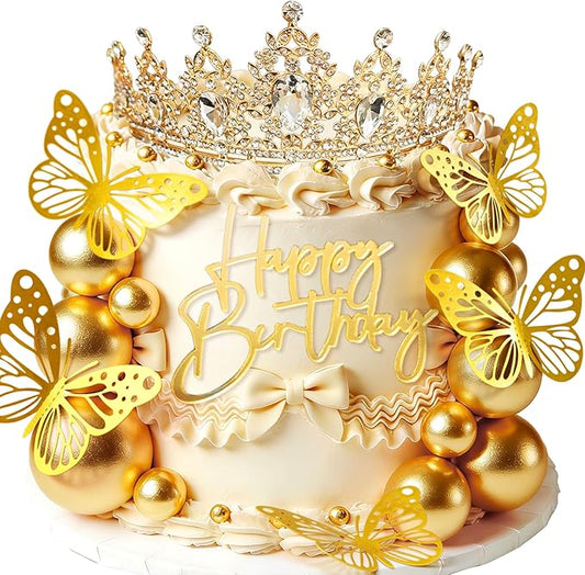 Gold Crown Cake Topper Princess Crown Birthday Decorations Butterfly Gold Balls Cake Toppers Birthday Party Supplies