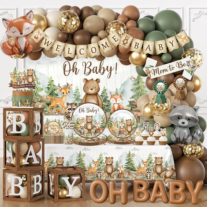 Woodland Baby Shower Decorations,273pcs Woodland Animals Baby Shower Plates and Napkin Sets Banner Backdrop Tablecloth Cake Topper Box Balloon Garland for Forest Birthday Decorations