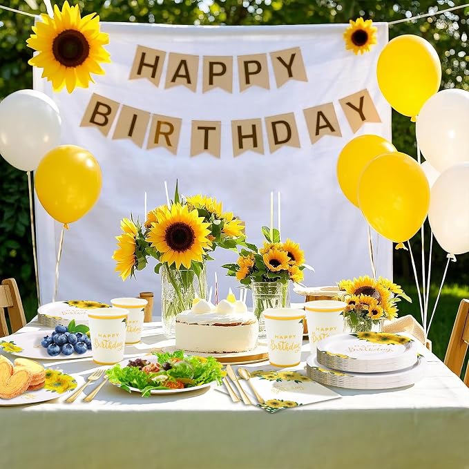 168Pcs Sunflower Birthday Decorations for Women Girls, Happy Birthday Plates and Napkins for Women, Sunflower Plates Serve 24, Yellow Party, Spring Summer Fall Easter Mothers Day