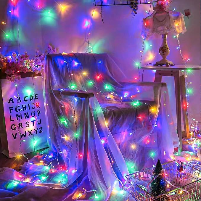 250 LED Christmas Lights Outdoor, 82 FT Christmas String Lights Indoor Waterproof 8 Modes, Clear Wire Plug in Twinkle Fairy Lights for Bedroom Tree Patio Yard Party Holiday Decorations, Multicolor
