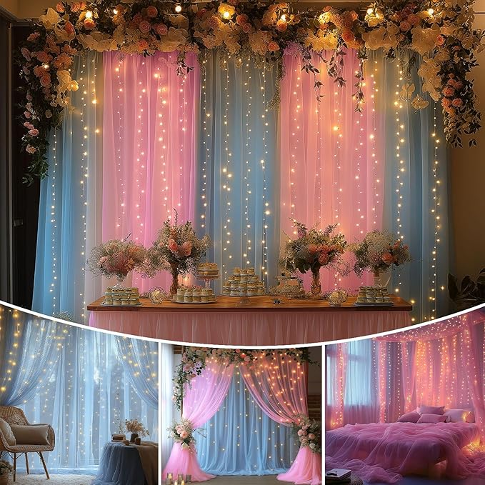 Pink and Blue Tulle Backdrop Curtain with Lights String - 10x10ft Sheer Wedding Backdrop for Baby Shower, Birthday Party, Photo Shoot Decorations - 2 Panels (5ft x 10ft Each)