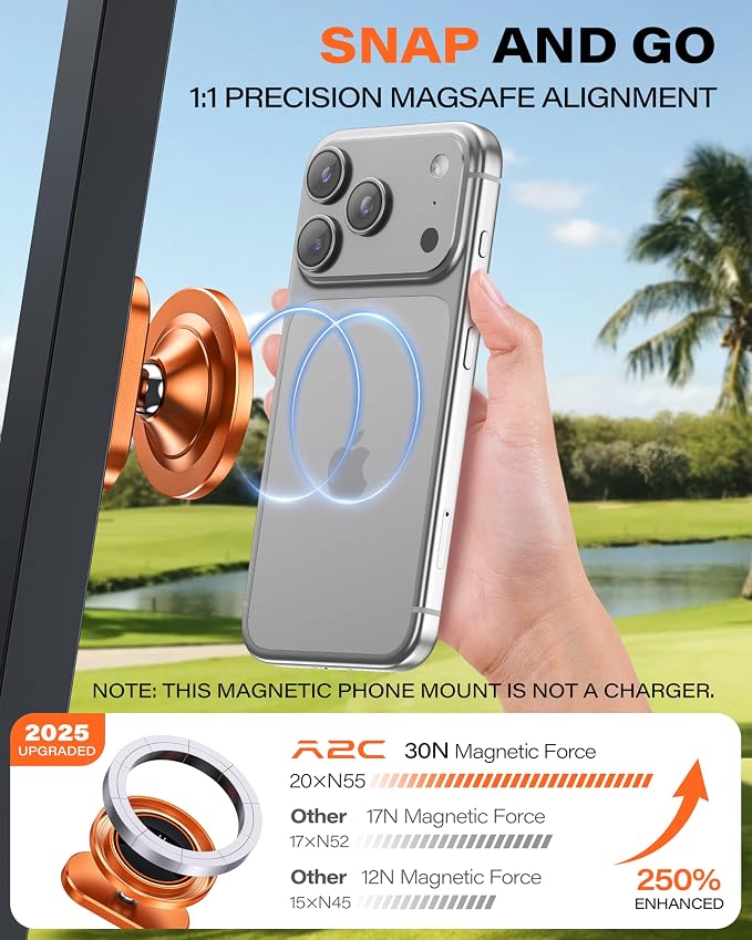 A2C Alloy Magnetic Golf Cart Phone Holder for MagSafe iPhone, Unique Golf Gifts for Men Women Golfers, Golf Gift for Him Her Husband, Golf Accessories Essentials Gadgets Fits EZGO, Club Car (Orange)