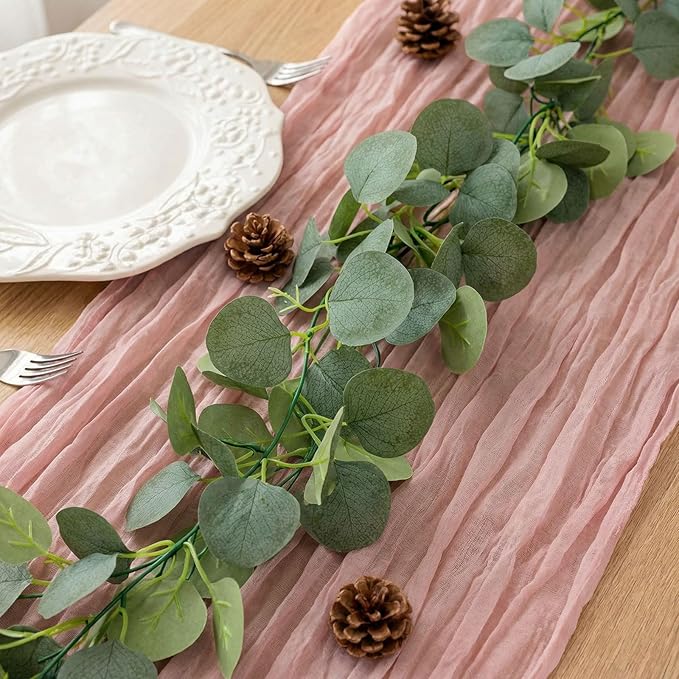 Leinuosen 8 Set 10 Ft Light Pink Cheesecloth Table Runner Wedding Decor with 6 Ft Eucalyptus Garland, Boho Gauze Table Centerpiece Runner for Wedding Baby Shower Birthday Party Decoration