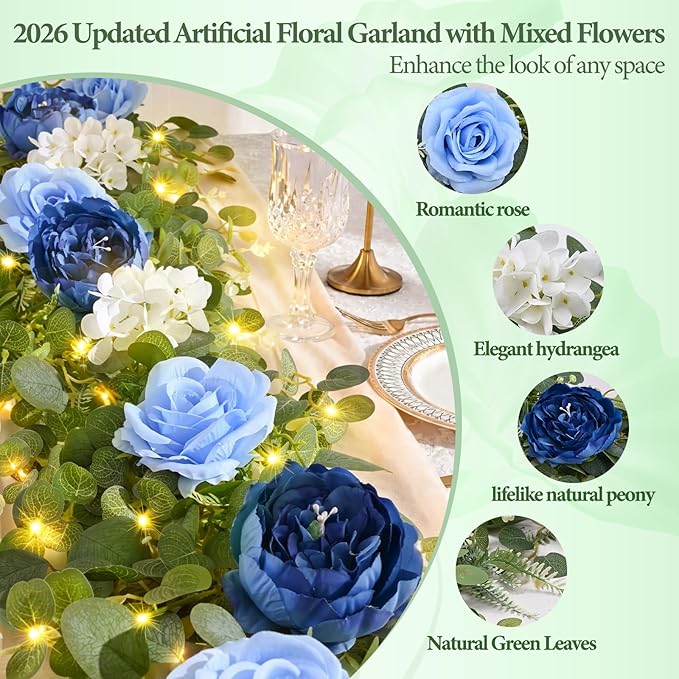 Livole 6 FT Artificial Flower Garland with Light Real Touch Fake Blue Floral Rose Peony Garland with Eucalyptus Flower Hanging Vine for Wedding Table Centerpieces Backdrop Party Arch Home Decor