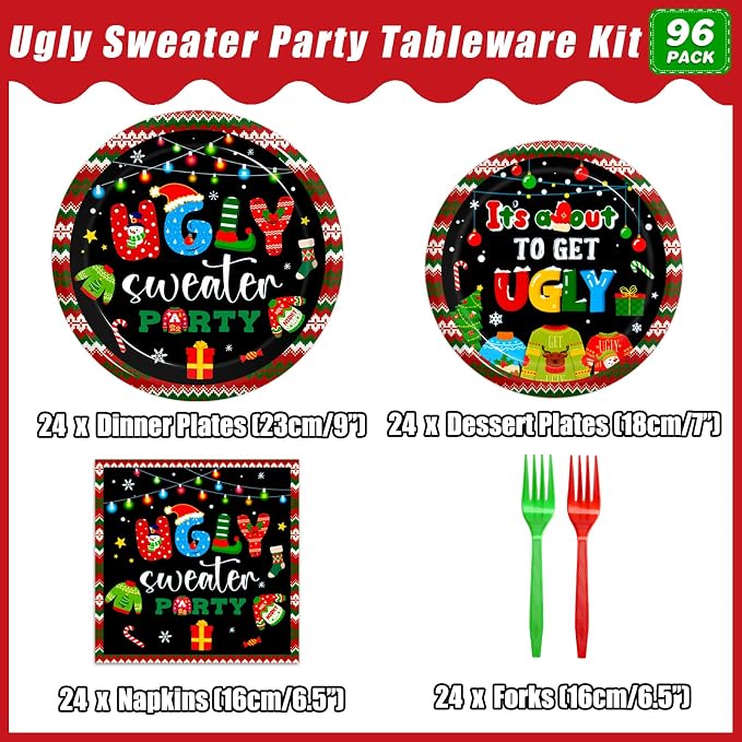 Kepeel 96Pcs Christmas Ugly Sweater Party Plates, Merry Christmas Party Decorations Supplies for Winter Holiday Xmas Family Gathering Birthday Party Disposable Tableware Set, Serves 24