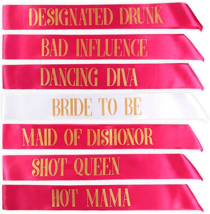 POP FIZZ DESIGNS Bachelorette Sash Set (7 pcs) 1 White Bride to Be Sash + 1 Maid of Honor Sash + 5 Bachelorette Sashes for The Bride Tribe - Amazing Bachelorette Party Favors