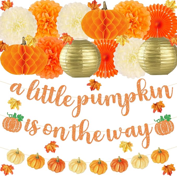 Kriyokiaa Little Pumpkin Baby Shower Decorations 71 Pcs Fall Baby Shower Decor with Tissue Pompom, Paper Fans, Lantern, Banners & Artificial Maples for Rustic Neutral Shower Party Supplies
