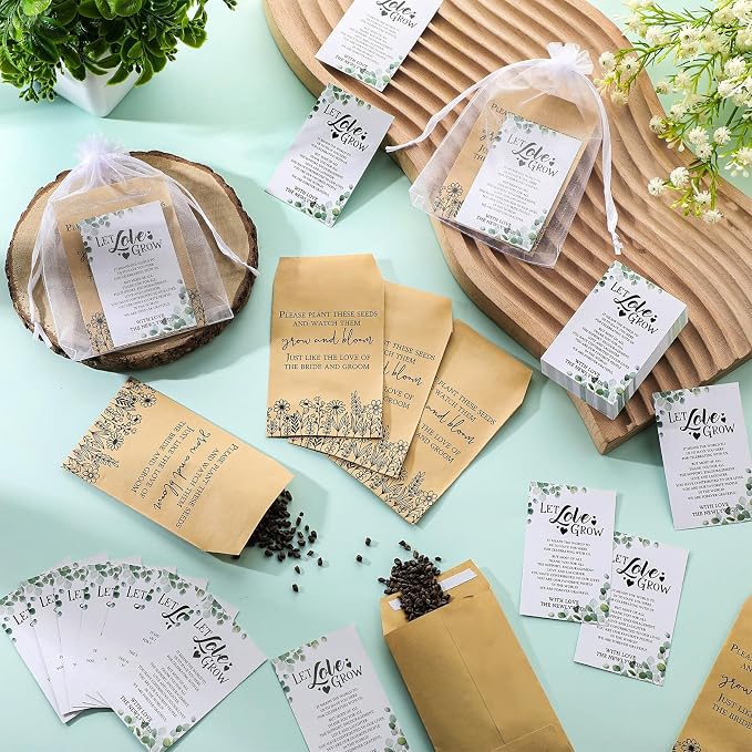 Ctosree 100 Set Wedding Favors for Guests Bulk Include 100 Pcs Self Adhesive Seed Packets Kraft Paper Seed Envelopes Let Love Grow Cards and Organza Gift Bags for Bridal Shower(Classic)