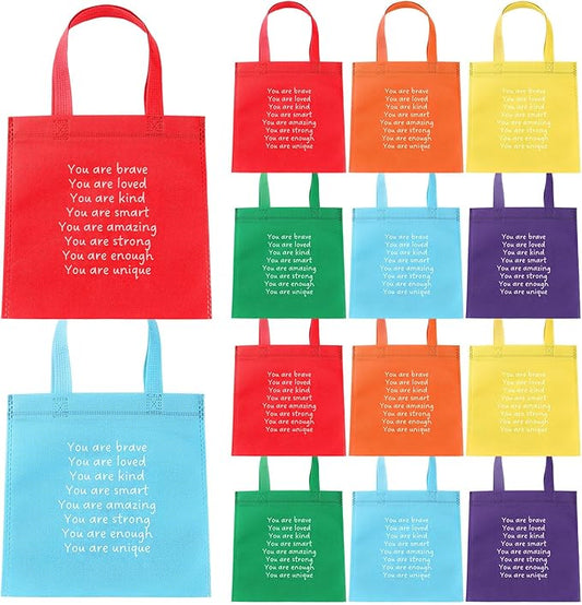 Coume 12 Sets End of The Year Gifts Bags for Students Bulk Inspirational Rainbows Party Favor Bag for Primary School Student Sunday School Gift Classroom Prize Kindergarten Preschool (Classic)