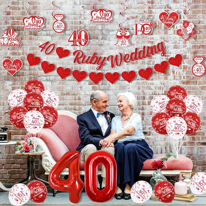 Ruby 40th Wedding Anniversary Decorations, We Still Do 40 Years Cheers to 40 Years Celebration Party Supplies for Couple, Balloon Cake Topper Hanging Swirls Love Garland Banner
