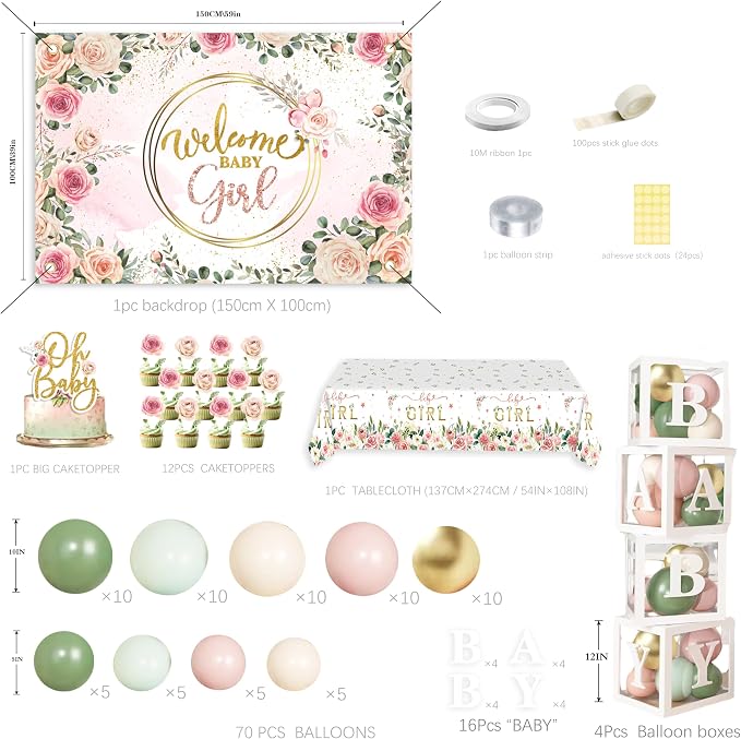 Baby in Bloom Baby Shower Decorations for Girl, Sage Green and Pink Party Supplies with 4pcs Balloon Boxes, "Welcome Baby Girl" Backdrop, Floral Tablecloth, 70pcs Balloon Garland Arch Kit