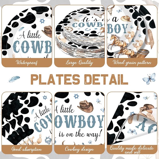 Pickmesh 250 Pcs Cowboy Baby Shower a Little Cowboy Is on the Way Party Decorations Wild Western Theme Disposable Plates Napkins Cups for Baby Shower Party Supplies Serve 50