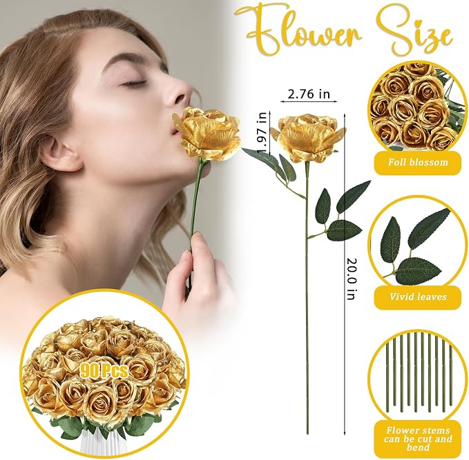 90pcs Silk Roses Artificial Flowers Gold Fake Rose with Long Stem for Arrangement Wedding Party Home Decoration