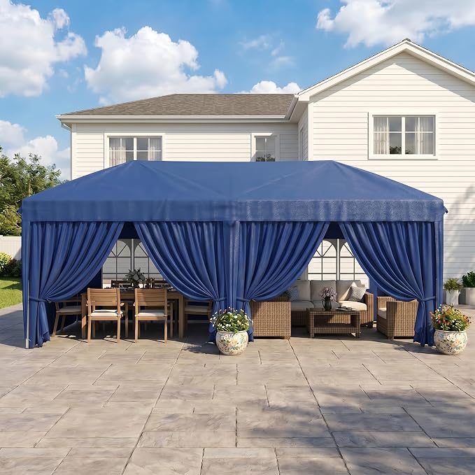 KIGOTY 10x20 FT Portable Pop Up Canopy Tent, Adjustable Height Instant Gazebo with Sidewalls, Sandbags, Waterproof Outdoor Canopy for Camping, Parties, Vendor Events (Blue, 3m × 6m with sidewalls)