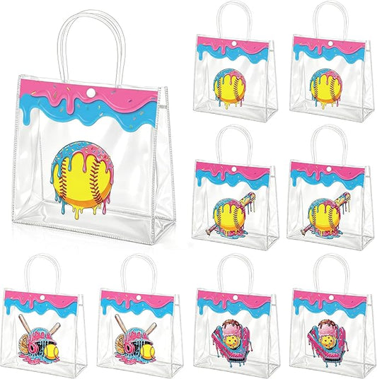 Wood Homing 24PCS Softball Ice Cream Drip PVC Clear Gift Bag with Handle Reusable Plastic Party Favor Bag for Kid Ice Cream Drip Themed Softball Treat Goodie Bags for Sport Team Gift Birthday Camping