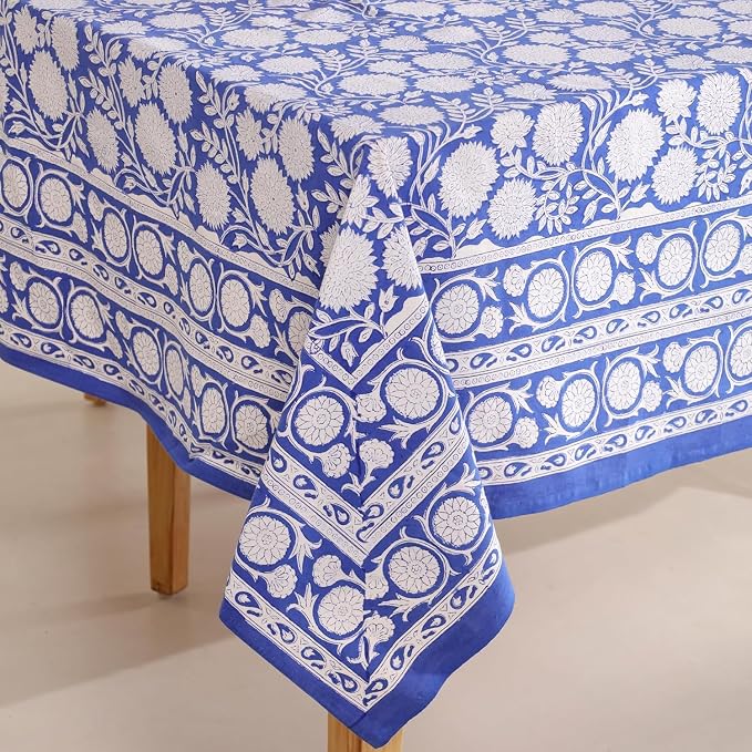 Hand Block Printed Tablecloth, Colorful Floral Print, Indian Artisan Handmade Art, Dining Room, Kitchen, Outdoor Décor, (Cloudy Blue Grace, 12 Seater 72 x 135 Inches Rectangle)