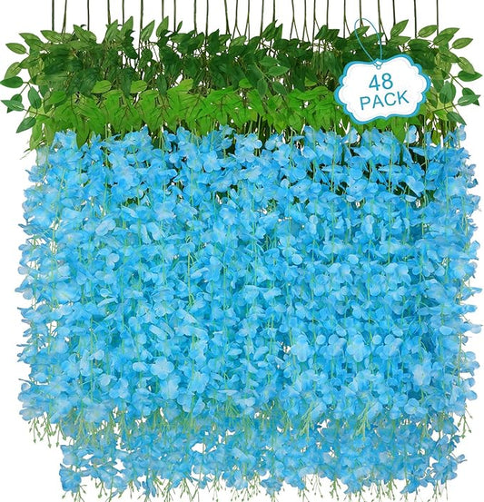 48Pcs Artificial Wisteria Hanging Flowers, 3.6Ft/Pcs Blue Fake Wisteria Garland for Wedding Party Home Garden Indoor Outdoor Decoration
