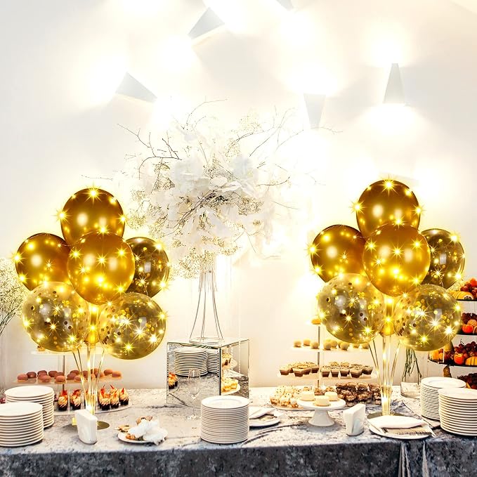 Junkin 10 Set Balloon Stand Kit for Centerpiece with LED String Light 100 Pcs Balloons Table Balloon Stand Centerpieces for Birthday Wedding Baby Shower Back to School Party Decor(Gold)
