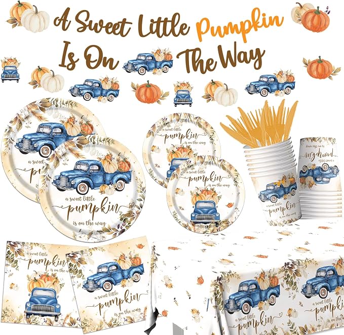 Little Pumpkin Baby Shower Decorations, 142pcs A Sweet Little Pumpkin Is On The Way Banner Pumpkin Plates and Napkins Boy Blue Truck Boho Thanksgiving Fall Gender Reveal Baby Shower Party Supplies