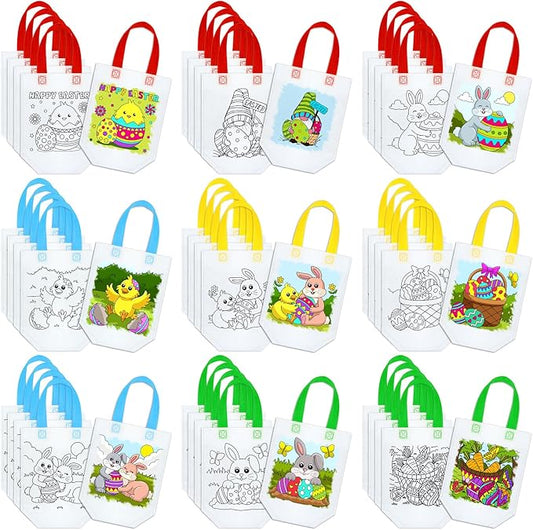 Kacctyen 45pcs Easter Coloring Goodie Bags Color Your Own Graffiti Bags Reusable Art Party Favor for Easter Barnyard Birthday