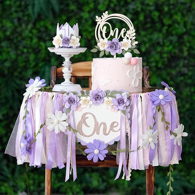 JUIIZAY First Birthday Decorations for Girl Purple High Chair Banner One Flower Cake Topper Floral Hat Wildflower Garland 1st Birthday Decoration Supplies