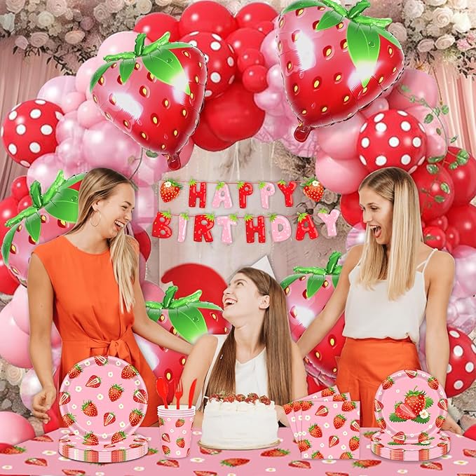 229Pcs Strawberry Birthday Party Decorations,Strawberry Party Supplies Balloon Arch,Strawberry Decor Tableware Set Plates Fork Cups Napkins and Tablecloth