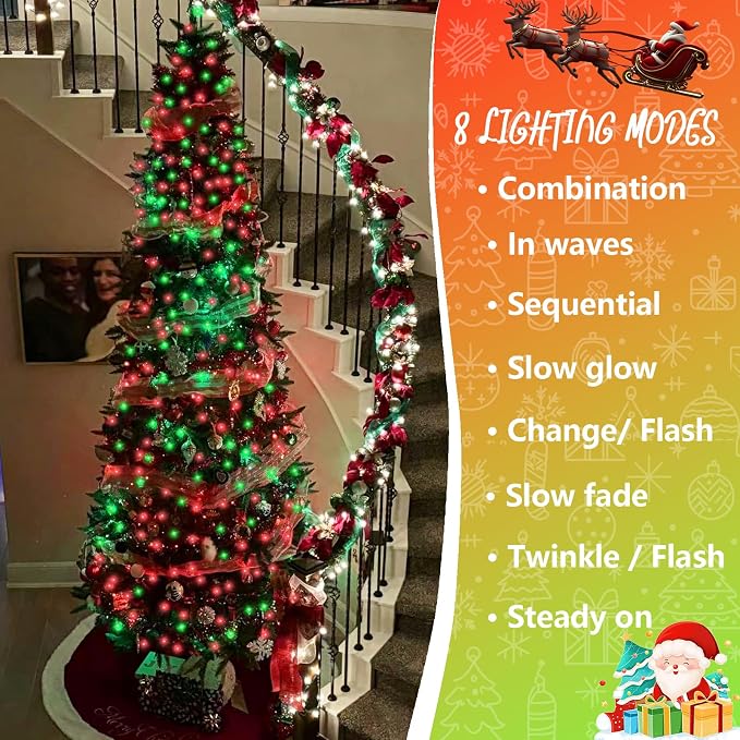 YEGUO Battery Operated String Lights, 2 Pack Each 33ft 100 LED Twinkle Fairy Lights Outdoor Waterproof, 8 Modes Clear Wire Red and Green Christmas Lights Indoor with Remote