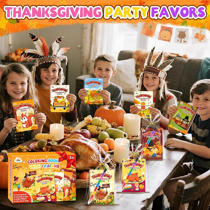 ZMLM 24 Pack Thanksgiving Coloring Books for Kids with Crayons,Party Favors for Kids 4-8, Goodie Bags Stuffers for Toddlers, Classroom Prizes Birthday Return Gifts (Thanksgiving)